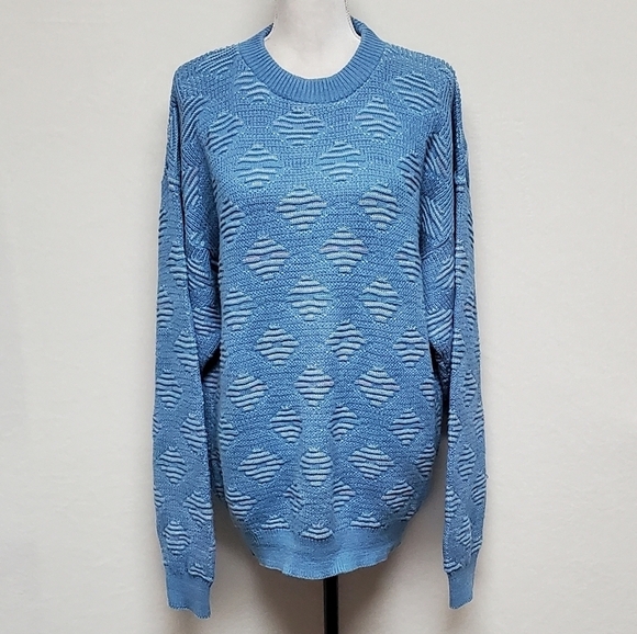 VINTAGE 80s Peconic Bay Traders Sky Blue Knit Geometric Print Crewneck Sweater - Picture 2 of 11